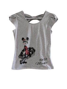 Disney Women's Minnie Mouse T-Shirt, Gray, Small, Tulip-Shape Cap Sleeve, Bow